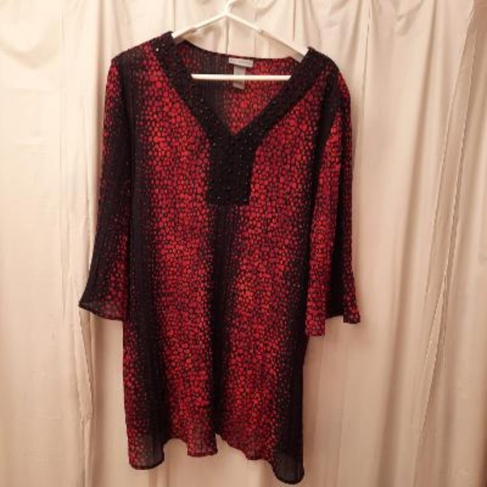 Catherines Pleated Beaded Top Red/Black 3X